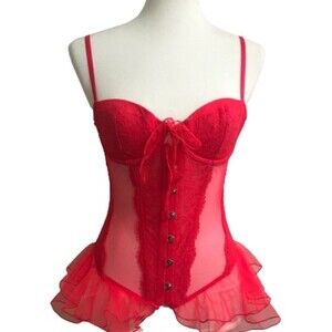 Victoria’s Secret Red Lace Sheer Corset Bustier Lingerie 34C